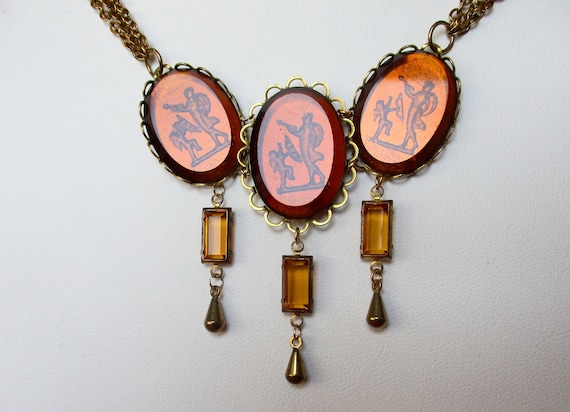 Vintage Citrine-Colored Reverse-Etched (3) Cameo Necklace
