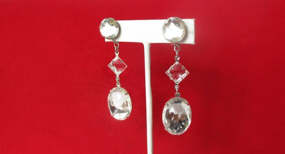 Pair of 2 1/2 Inch Rose Cut Faceted Clear Crystal Screw Back Earrings from the 1940's