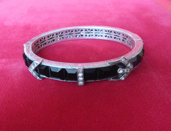 Antique Deco Sterling Silver & Square Faceted Black Paste Buckle Bangle Bracelet