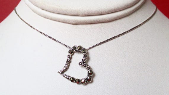 Vintage Sterling Silver & Marcasite Floating Heart Pendant/Necklace With Sterling Silver Chain
