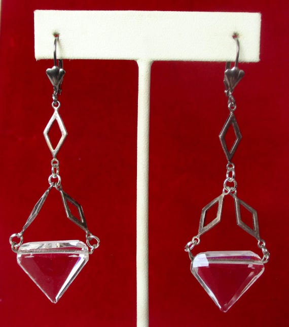 Pair of Antique Art-Deco Faceted Crystal 3-Inch Earrings/Boho/Hippie