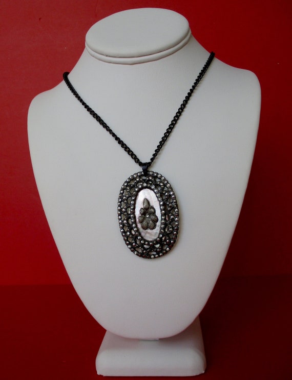 Antique Marcasite & Mother-of-Pearl Pendant Neckl… - image 1