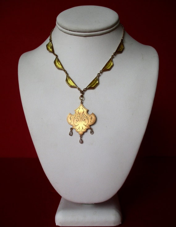 Antique Art-Deco Brass & Crystal Pendant Choker/Necklace