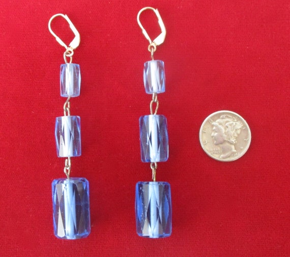 Pair of Deco Faceted Cylindrical Blue Crystal Ear… - image 5