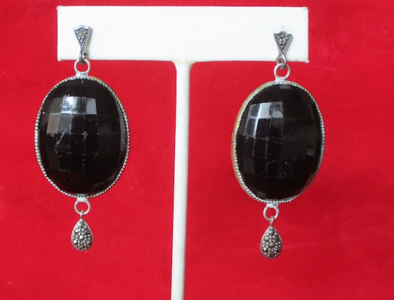 Antique Art-Deco Faceted French Jet (Black Glass) Earrings With Sterling Marcasite Posts & Drops