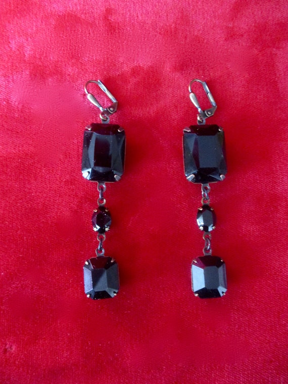 Pair of Vintage Black Crystal & Antique Brass Drop