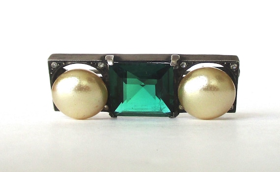 Antique Art-Deco Sterling Silver With Glass Pearls & Emerald Paste Pin/Brooch