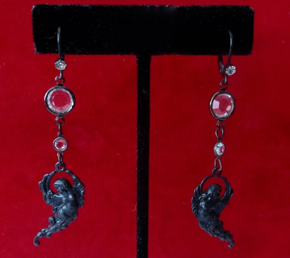 Pair of Vintage Black Angel Earrings With Crystal… - image 6