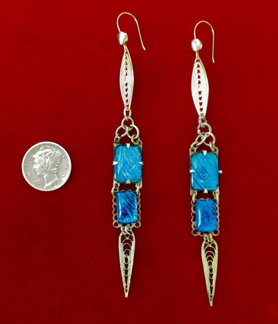Pair of Antique 4-Inch Brass & Butterfly Wing Earrings/Boho/Shabby Chic/Hippie