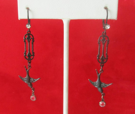 Pair of Vintage Gothic Steampunk Earrings With Swallow & Crystal
