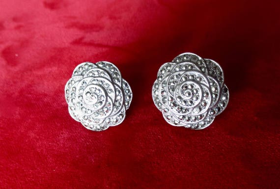 Pair of Sterling Silver Art-Deco Screw Back Earrings Set With Marcasites
