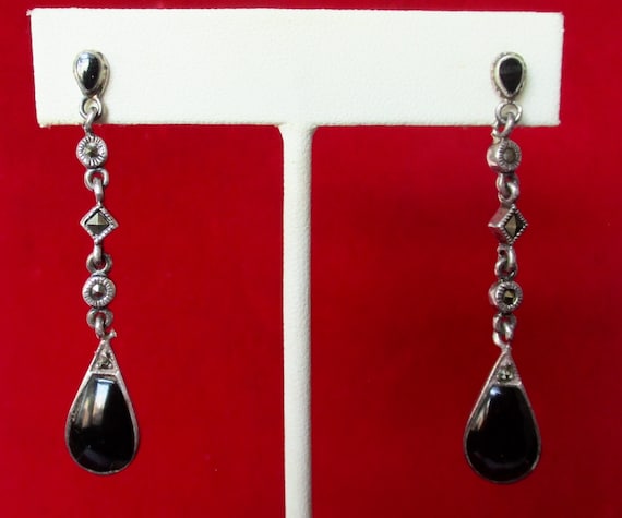 Pair of Vintage Sterling Silver - Black Onyx - Marcasite Earrings