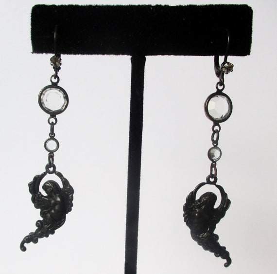Pair of Vintage Black Angel Earrings With Crystal… - image 4