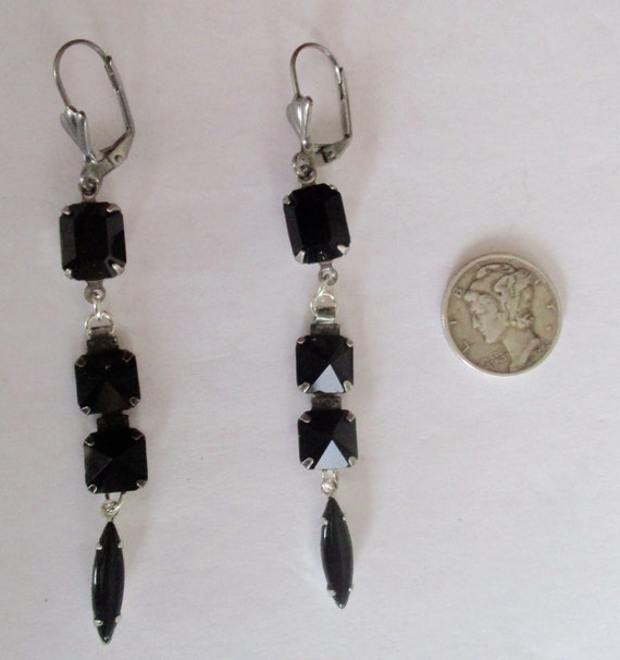 Pair of Vintage 3-Inch Black Glass Earrings With … - image 5