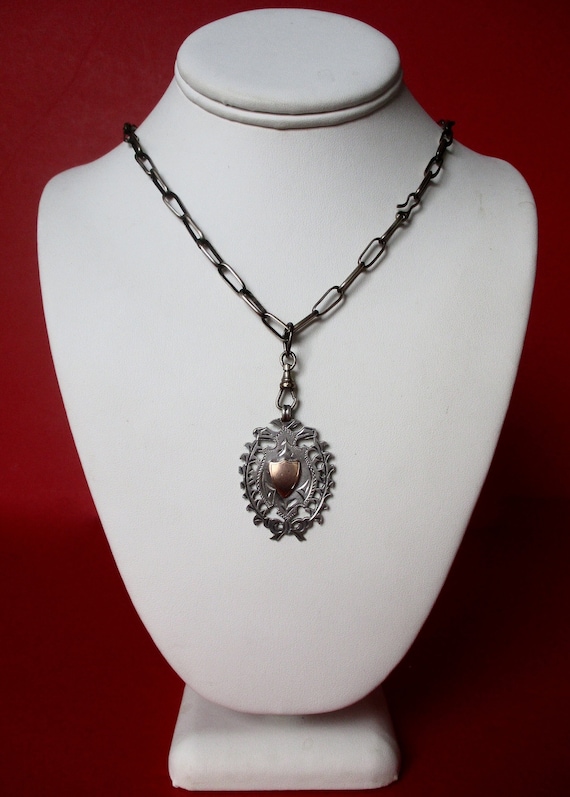 Antique Men's Sterling Silver & Rose Gold Medal Pendant  With Sterling Silver Link Chain