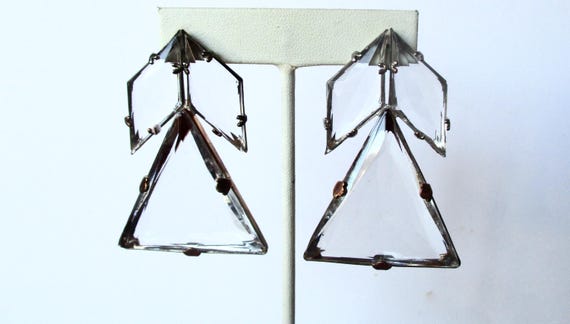 Pair of Antique Art-Deco Clear Crystal Earrings from the Deco Era in America                             circa. 1920