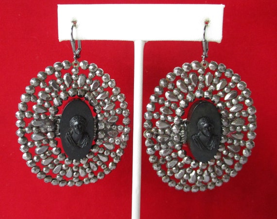 Pair of Antique Cut-Steel & Vulcanite 2 3/4-Inch Cameo Earrings/Gothic