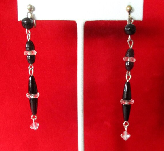 Pair of Deco French Jet & Clear Rondelle Screw-Back  Earrings