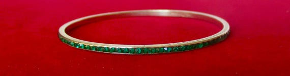 Antique Deco Sterling Silver & Round Faceted Green Paste Super Skinny Bangle Bracelet