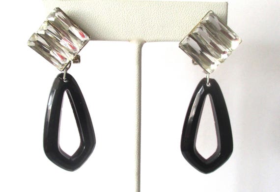 Vintage Art-Deco Style French Jet & Crystal Omega Clip-On Earrings