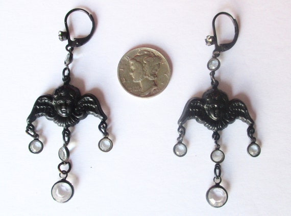 Pair of Vintage Black Angel Earrings With Crystal… - image 4