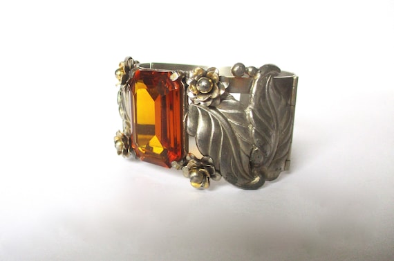 Vintage Bangle With Large Crystal Topaz/Boho/Shabby Chic