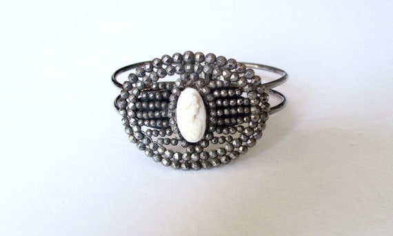 Antique Hinged Gunmetal Bangle With Cut-Steel Oval & Hand-Carved Natural Shell Cameo