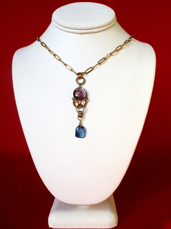 Antique Art-Deco Mauve & Blue Butterfly Wing Pendant/Necklace/Boho/Hippie