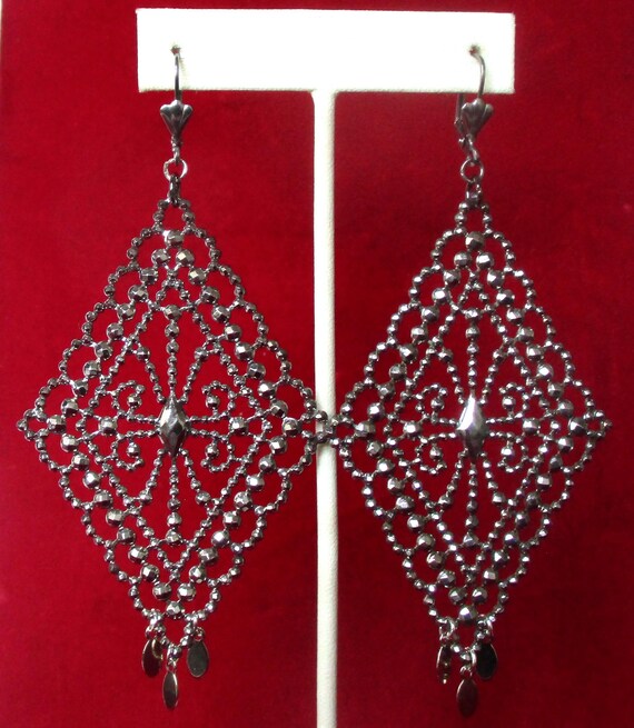 Pair of Antique Large  Cut-Steel 4 3/8-Inch Earrings/Boho/Hippie