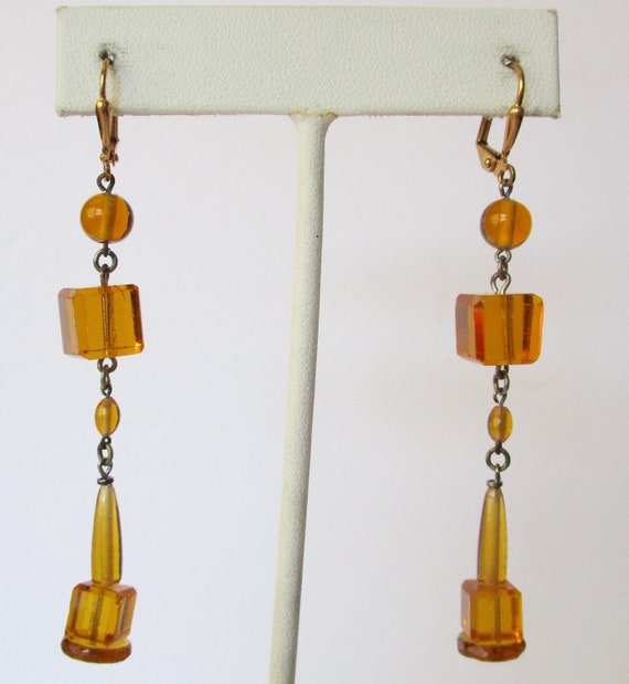 Antique Art-Deco 3-Inch Topaz Yellow Crystal Earrings