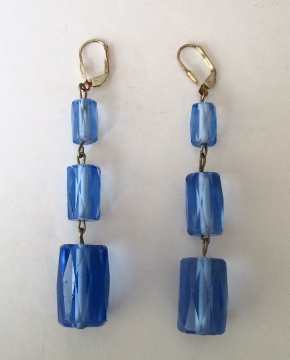 Pair of Deco Faceted Cylindrical Blue Crystal Ear… - image 4