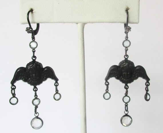 Pair of Vintage Black Angel Earrings With Crystal… - image 2