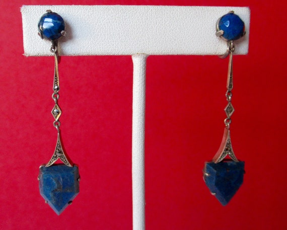 Pair of Antique Sterling Silver & lapis Lazuli Screw-Back Earrings/antique sterling and lapis lazuli screw back earrings/antique earrings