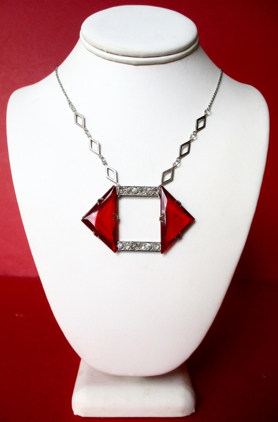 Antique Art-Deco Red Crystal Necklace With Clear Paste Stones