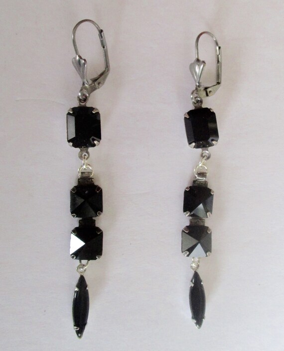 Pair of Vintage 3-Inch Black Glass Earrings With … - image 4