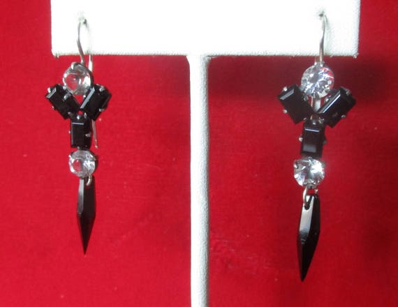 Pair of Antique Sterling Silver French Jet Earrings With Clear Paste Stones