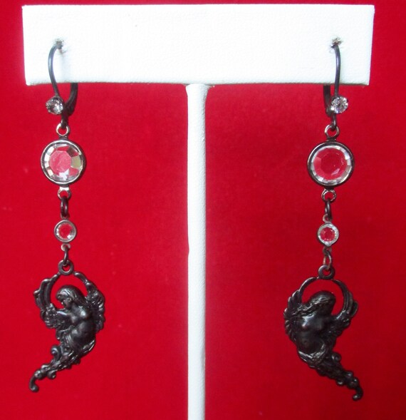 Pair of Vintage Black Angel Earrings With Crystal… - image 2