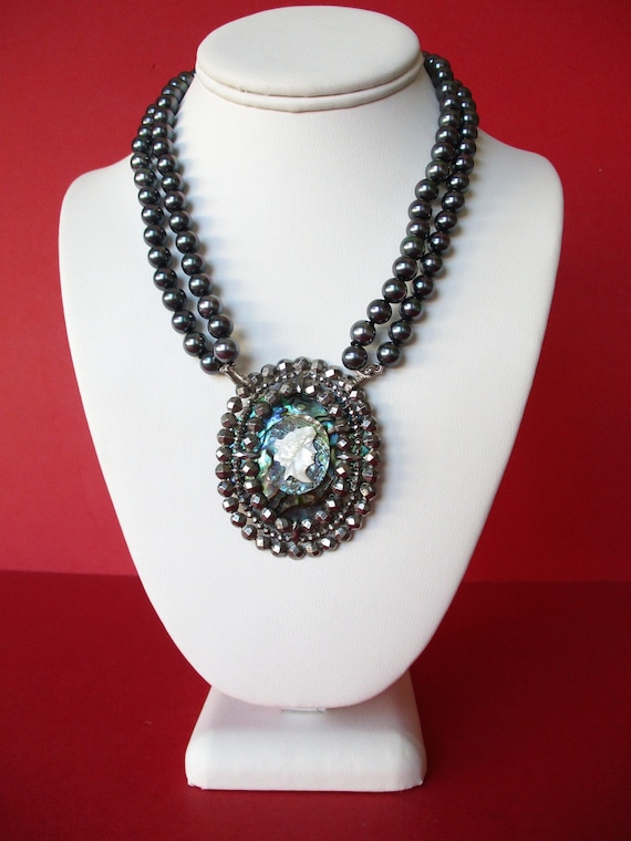 Antique Cut Steel - Abalone - Mother of Pearl Cameo Pendant Necklace