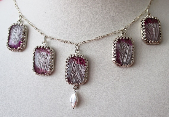 Vintage Sterling Silver Fuchsia  Butterfly Wing Necklace