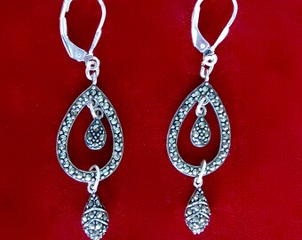 Paire de boucles d’oreilles vintage 2 pouces Sterling Silver & Marcasite/Boho/Hippie