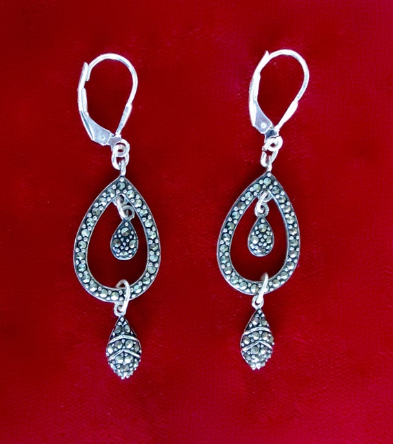 Pair of Vintage 2-Inch Sterling Silver & Marcasite Earrings/Boho/Hippie