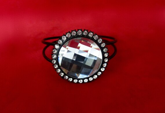 Vintage "Bling" Adjustable Bangle Bracelet With Cubic Zirconia & Faceted Checkerboard Foiled Stone/Shabby Chic/ Boho/Bridesmaid Gift