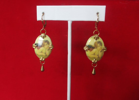 Pair of Vintage Porcelain Cabochon Angel Earrings (Raphael's "Cherubini")  on Brass/Boho/Shabby Chic