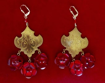 Pair of Antique Brass & Red Vauxhall Glass Flower Earrings