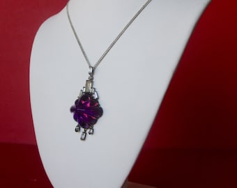 Art-Deco Amethyst Paste & Sterling Silver Necklace With Clear Paste Stones/amethyst glass pendant necklace/amethyst paste/clear paste/deco