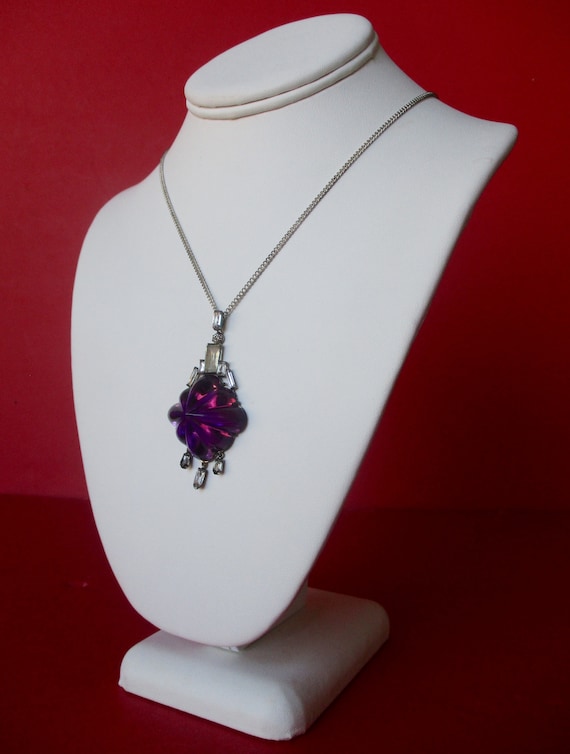 Art-Deco Amethyst Paste & Sterling Silver Necklace With Clear Paste Stones/amethyst glass pendant necklace/amethyst paste/clear paste/deco