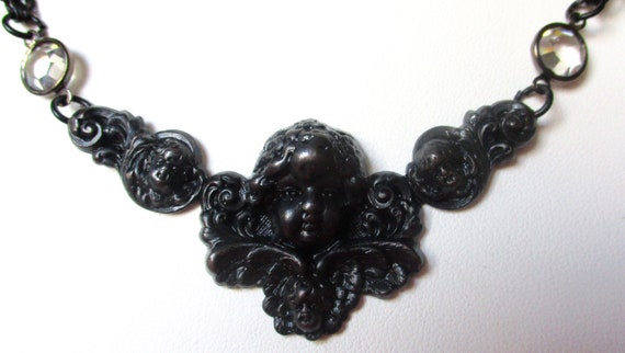 Vintage Black Bronze Cupid/Angel/Putti Necklace/G… - image 4