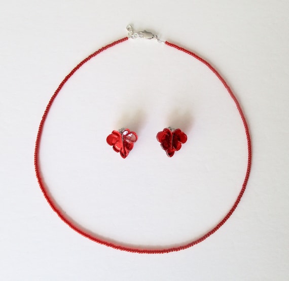 Vintage Red Crystal Leaf Clip-On Earrings With Matching Crystal  Choker Necklace/Boho/Hippie