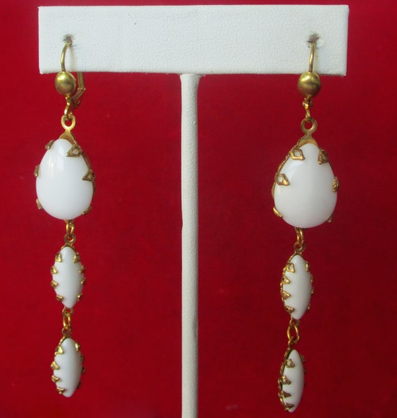 Pair of Vintage 3-Inch White Glass Bead & Brass  Wedding Earrings/Boho/Hippie