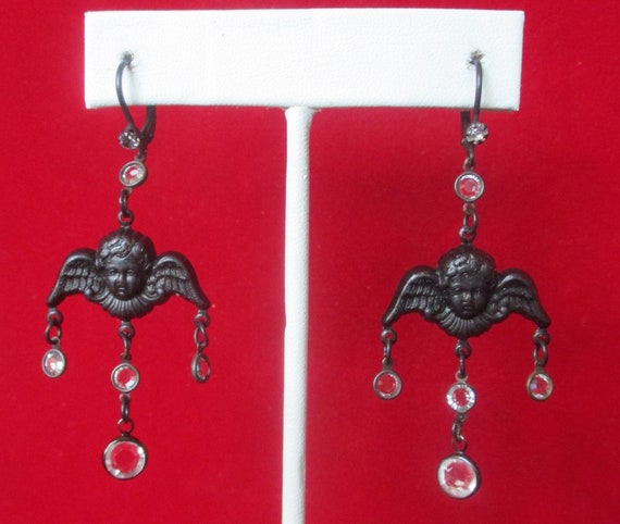 Pair of Vintage Black Angel Earrings With Crystal… - image 1